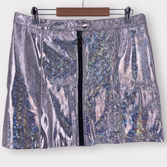 NWT Allegra K Silver Metallic Shiny Holographic Zipper Mini Skirt XL - Picture 3 of 13